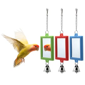 Litewoo 3-Piece Parrot Mirror Toys with Bell Pendant Toy for Bird Parakeet Cockatiel Budgie Conure（Square）