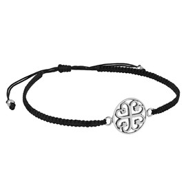 AeraVida Sweet Clover Heart Sterling Silver Charm on Black Rope Adjustable Bracelet | Unique and Stylish Women's Jewelry Accessory