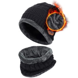 Gorro invierno hombre Set Gorro y Bufanda para Hombre (Negro)