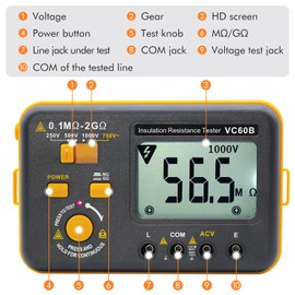 VC60B Digital Insulation Resistance Tester, Electrical Megaohm Meter with 250V/500V/1000V Test Voltage Testing Insulation Resistance IR 0.1MΩ~2GΩ, Multimeter Measure AC Voltage
