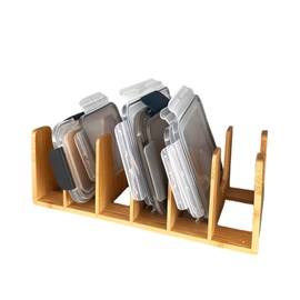 KANDOHAUS Bamboo Pot Lid Organizer for Storage in Cabinets or Kitchen Countertops, 6 Sections. Bamboo Multifunction Organizer for Cabinet, Pot Lids, Wallets, Bamboo tupperware lid organizer.