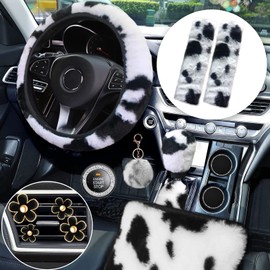 14-Pack Fluffy Car Accessories Set,Silence Shopping Cow Print Plush Fluffy Steering Wheel Cover Winter Warm Car Decoration Accessories for Women Girls (White and Black)