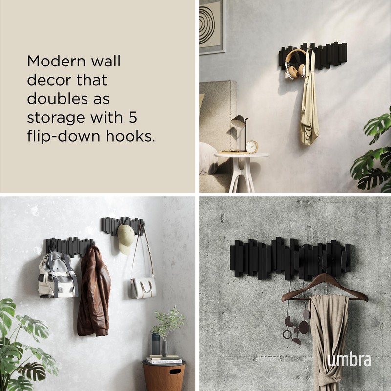 Umbra Sticks Wall-Mounted Coat Rack Rail Hook with 5 Retractable