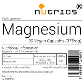 Nutrics® 375mg Elemental Magnesium - 100% NRV Vegan Magnesium Capsules x 90 V Capsules (1 Month Supply) - Suitable for Vegan Vegetarian Halal & Kosher Diet