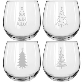 MIP Set of 4 Wine Glass for Red or White Wine Gift Stylized Christmas Trees Collection (16 oz Stemless)