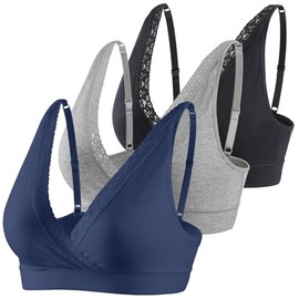 COLOMI Lace Maternity Nursing Bra Seamless Nursing Bra for Sleeping Without Underwire Cotton Bra for Breastfeeding, Black+grey+navy blue