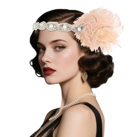 CURASA 1920s Flapper Headpiece Great Gatsby Cocktail Costume Roaring 20s Feather Headband Sliver Pink Vintage Head Chain Party Prom Elastic Hair Decorations Elegant Head Jewelry For Women