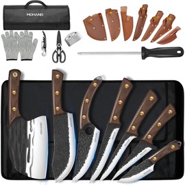 MDHAND Butcher Knife Set, Hand Forged Viking Kitchen Serbian Chef Knife Set with Roll Bag, Heavy Duty Meat Cleaver & Brisket Knives & Meat Cutting Knife for BBQ, Outdoor Camping, Gifts for Men Women