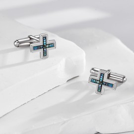 YAFEINI Cross Cufflinks for Men 925 Sterling Silver Abalone Shell Christian Pair of Cufflinks Business Wedding Groomsmen Gifts Suit Shirt Accessories for Men Father