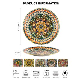 Henten Home Bohemia Ceramic Dinner Plates, 10.5 Inch Porcelain Pasta Plates Set of 6, Floral Pattern Steak Plates for Kitchen, Salad Serving Stoneware Dishes, Scratch Resistant (Bohemia Style)