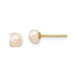 14K Yellow Gold 4-5Mm Pink Fw Cultured Button Pearl Stud Post Earrings