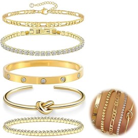 Lubgitsr 5 Pcs Women's Gold Bracelet Cuff Bracelet Set, 14K Gold Plated Stacking Bracelets, Adjustable Link Charm Bracelet Set, Gold Jewellery Gifts Set for Women