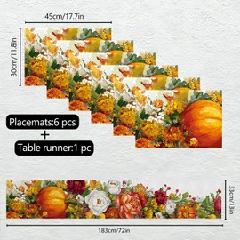 Autumn Harvest Table Runner and Placemats Set – 7 Piece Fall Table Decor with Pumpkin Gourd, Colorful Flowers & Leaves – 1 Table Runner + 6 Placemats for Thanksgiving, Kitchen, Dining