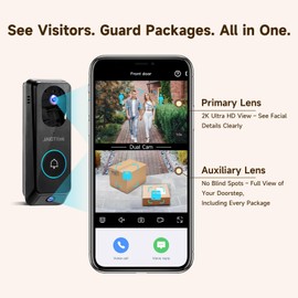 JAIOTlink 2K Dual Lens Video Doorbell Camera Wireless with Chime, Package Protection, 64GB SD Card, Voice Changer, 2-Way Audio, Night Vision, Compatible with Alexa