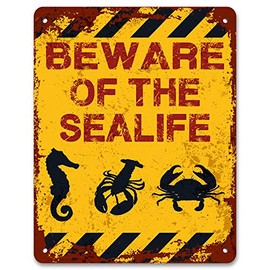 Print Crafted - Beware Of The Sealife | Vintage Metal Garden Yard Warning Sign | Fish Aquarium