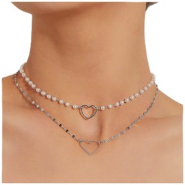 Iaceble Boho layered Pearl Chain Necklace Silver Heart Necklace Hollow Heart Choker Necklace Vintage pearl bead Necklace Jewelry for Women and Girls