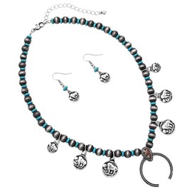 Rosemarie & Jubalee Cowgirl Chic Western Squash Blossom Buffalo Coin On Metallic Pearl Collar Pendientes Set de 18 pulgadas + 3 pulgadas Extensor, Metal Piedra, Howlita teñida
