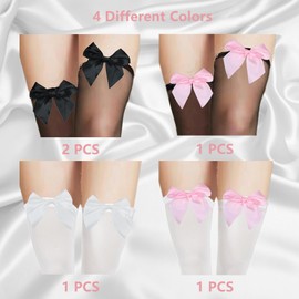 SHEHARUHI 5PCS Women's Bow Lace Thigh High Stockings Over The Knee Socks for Women Girls Daily Dress