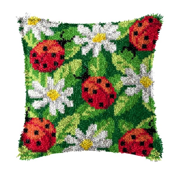 ZUHK Pre Printed Pattern Cross Stitch Sofa Cushion Cover,3D Pillow Materials Package Latch Hook Embroidery Kits with Latch Hook Tool fit for Kids and Adults,43x43 cm (Ladybug A)