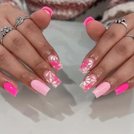 24Pcs Press on Nails Short Square LINMEIZAI with Pink Flower Design Fake Nails Press ons Nail Glue on Nails Stick on Nails Acrylic Nail Tips Kit False Nails Stickers Nail Art for Women Manicure