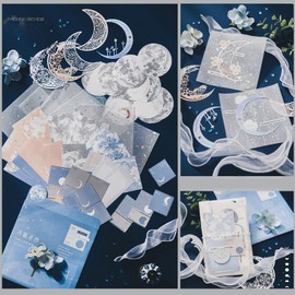 Doraking 63PCS Moon Embellishment Scrapbook Paper Packs for Journaling Supplies, Material Papers Memos Stamps Cards for Journals Planners Aesthetic DIY Art Crafts Collage Album