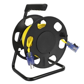 Clear Power 50ft 14/3 SJTW Yellow Outdoor Extension Cord & Heavy Duty Cord Storage Reel with Metal Stand, 3 Prong Grounded Plug, Lighted-Locking Connector, DCCO-9005-DC