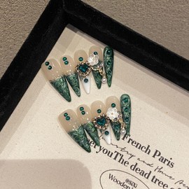 JIEADJIE Press On Nails (100% Handmade),Length Version,Handmade Painted Nail Art by Nail Technician,Luxury Party and Holiday Styles (White green French, Small)