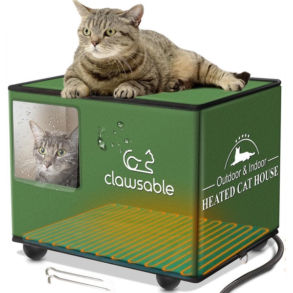 Clawsable Waterproof & Easy Assembly Cat House for Outdoor Cats in Winter, Heated or Unheated Elevated Insulated Feral Cat House, Weatherproof Cat Shelter for Barn Stray Cat (Heated, M:17"x13"x13")