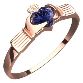 GWG Jewellery 18K Rose Gold Coated Claddagh Ring with Heart Shaped Sapphire Blue Stone Under Crown – 5 in Gift Box for Women