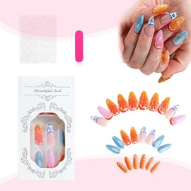 Foccna French Tip Press on Nails Almond Acrylic Fake Nails Medium Long Summer Nails Luxury Clear Colorful False Nail Tips- 24pcs