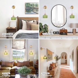 Shenmoyl Vintage Wall Sconce with Green Striped Shade Pattern Glass Adjustable Chain Retro Gold Wall Mounted Light, Modern Wall Lamp Fixtures Decor for Bedside Bedroom Indoor Doorway