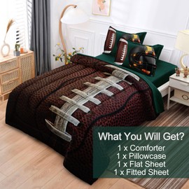 Leaflin Teen Boy Football Bedding Set Twin Size, 4 Pieces American Football Comforter Set Twin, Kids Sports Bedding Bed in a Bag Set, Green Brown