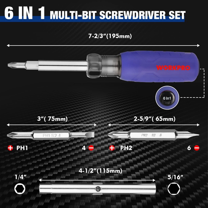 WORKPRO Multi Screwdriver Set 2 Pieces, 6-in-1 Convertible Screwdriver and