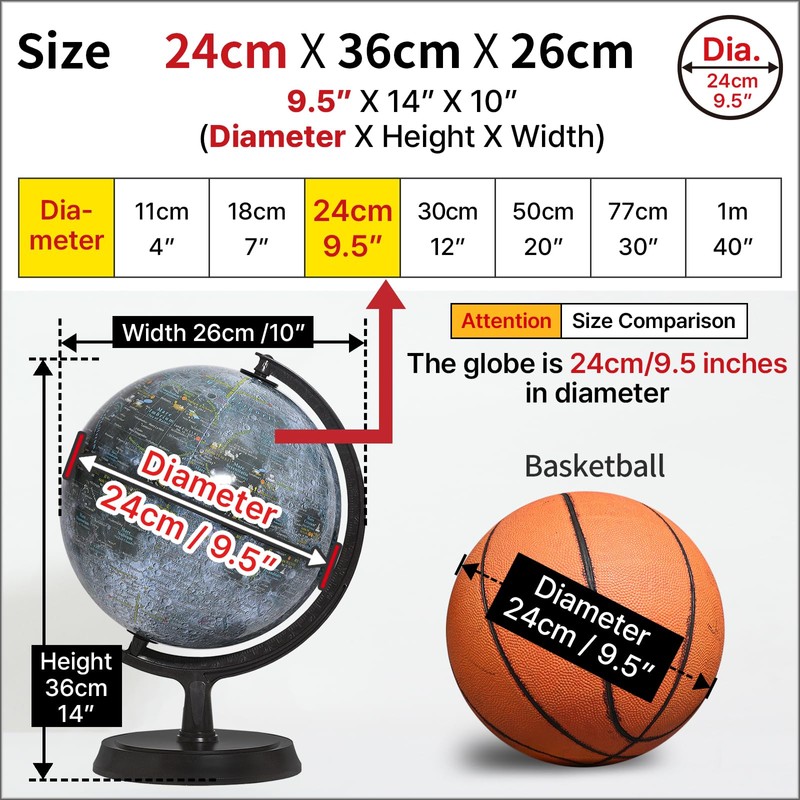 Mapsoft Explorer Gray Moon Globe, 24cm/9.5", M-24, Lunar Globe, Moon