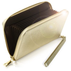 LINOLUNA Passbook Case, Magnetic Protection, Supervised by Feng Shui, Women's, Genuine Leather, Large Capacity, Card Case, gold
