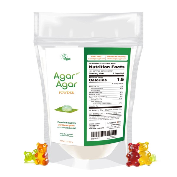 LIVING JIN Agar Agar Powder, 32 oz. Plant-Based Gelatin Powder,