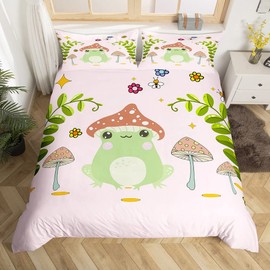 Feelyou Cute Frog Comforter Cover Set Mushroom Bedding Set Kids Boys Girls Natural Wild Fungus Duvet Cover Set Botanical Plants Quilt Cover 1 Duvet Cover with 2 Pillowcases King Size (No Comforter)