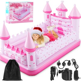 Relaxgiant Pink Castle Inflatable Kids Bed, Toddler Travel Bed with Safety Bumper and Air Mattress Portable Air Mattress with Pump for Vacation Hotel Home Sleepover Kids Gift for Birthday Christmas