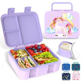 Anyiner Kids Lunch Box, Leakproof Bento Lunch Box with Multi-Compartments & Sauce Jar, Portable Snack Box Mermaid Bento Box for Kids Adults Work School, Purple Pony