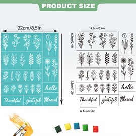GOMAKERER 2 Sheets Silk Screen Stencil, Single Plant Flower with Common Text Reusable Mesh Stencil Self-Adhesive Silk Screen Printing for Wall Border Wood Fabric Home Craft Decor
