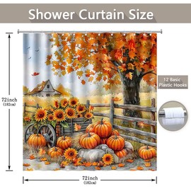 ZTHMOE - Cortina de ducha de calabaza para baño, Acción de Gracias, granja, otoño, girasol, cosecha, decoración del hogar, con 12 ganchos, poliéster impermeable, 72 x 72 pulgadas