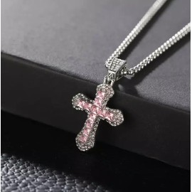 Unbranded Iced Pink Silver Mini Cross Crucifix Stainless Steel Pendant 24" Chain Necklace
