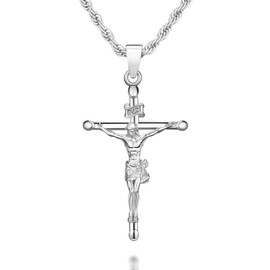 NORBU 925 Sterling Silver Crucifix Necklace for Men/Women, Religious Jewelry Gift for Baptism/Confirmation, Hypoallergenic Jesus Cross Pendant with Secure Lobster Clasp, Rope Chain, 20 inch