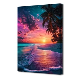 CHAOSETKEN Aurora Landscape Canvas Wall Art Tropical Beach with Palm Trees Painting Aurora Borealis Ocean Landscape Pictures Prints for Home Decor Framed (Purple,18L x 12W)