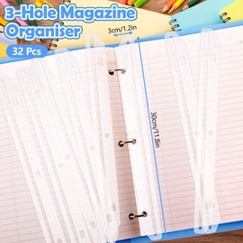 Sekonow 32Pcs 3 Hole Punched Magazine Holder, Magazine Organizer for Storage, 3 Ring Binder Insert Strips Magazine File Holder for Collectors, Translucent