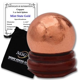 Copper Ball Paperweight with Wooden Base | 1 1/8" (25.5 mm - 0.26 lb) 99.9% Pure Solid Sphere with Certificate of Authenticity by Mint State Gold