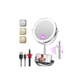 Auxmir 9" Large Lighted Makeup Mirror with Magnification, 1X/30X Double Sided Magnifying Mirror with Adjustable Height, Rechargeable Vanity Mirror with 3 Color Dimmable Lights, 360° Rotation