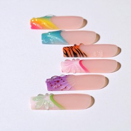Long Press on Nails Square Fake Nails with Design 3D Drip Gel Glue on Acrylic Nails Colorful French Tip False Nails Stick on Nail for Women 24 Pcs