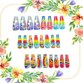 Rainbow Stripes Press on Nails Long Length Flower Love Heart Stripes Pattern Design Ballet Shaped Press Ons Stick on Nail Spring Summer False Nail Full Cover Artificial Acrylic Glue on Nail for Women