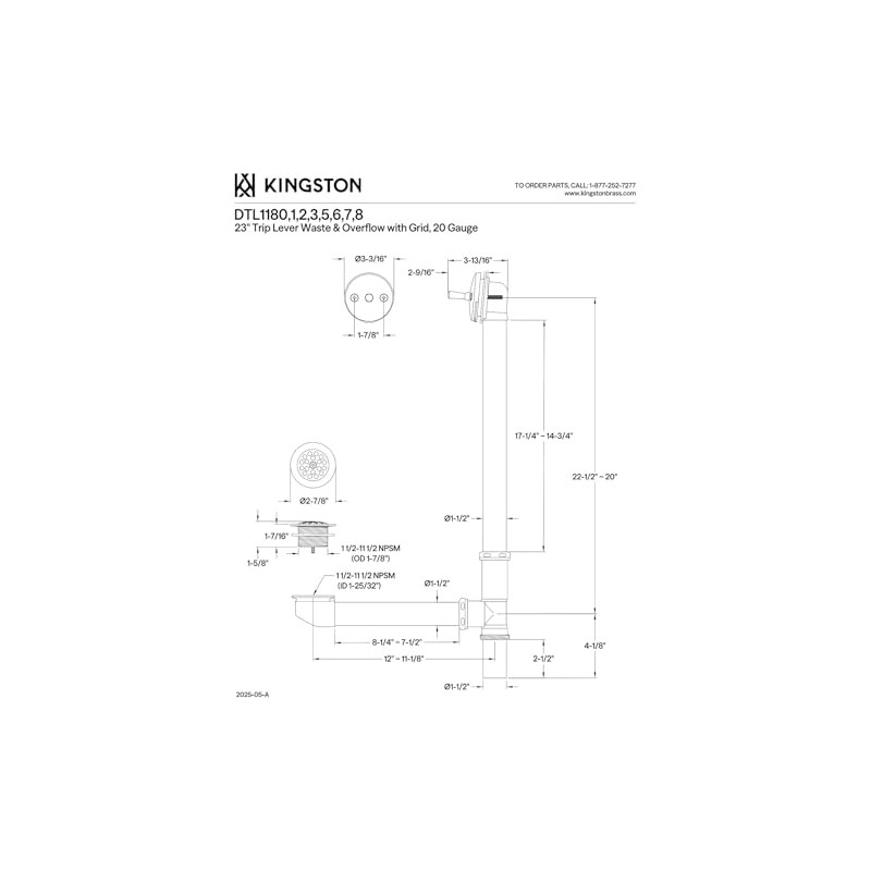 Kingston Brass DTL1181 Bath Tub Drain and Overflow, Polished Chrome